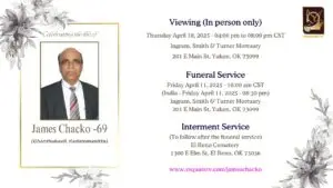 Celebrating the Life of James Chacko: A Memorial Viewing Announcement