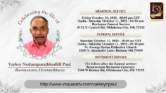 Memorial Service Friday October 10, 2025 – 0600 pm CST (India – Saturday October 11, 2025 – 0430 a