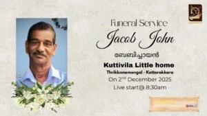 Funeral live streaming thumbnail for Jacob John service at Kuttivila Little Home, Thrikkannamangal, Kottarakkara by VSQUARETV