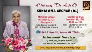 Kunjamma George Memorial Services "Kunjamma George memorial service at Praise Tabernacle in Yukon, OK, honoring her life of faith and love."