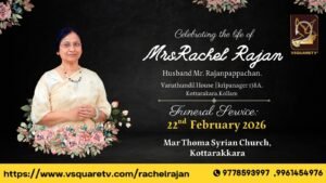 Funeral announcement of Rachel Rajan with service details, family information, and burial at Kottarakkara Mar Thoma Valiya Pally.