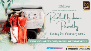 Radhul Krishnan and Parvathy wedding poster at Gago Convention Centre - Best Wedding live streaming service Kerala by VSQUARETV